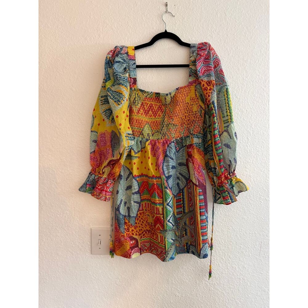 Farm Rio Colorful Print Smocked Long Sleeve Mini Dress Size S - Picture 4 of 7